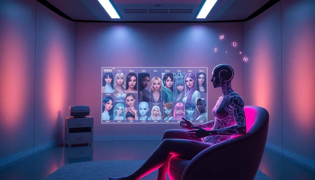 Immersive NSFW AI interaction scene showing realistic character designs and a futuristic interface
