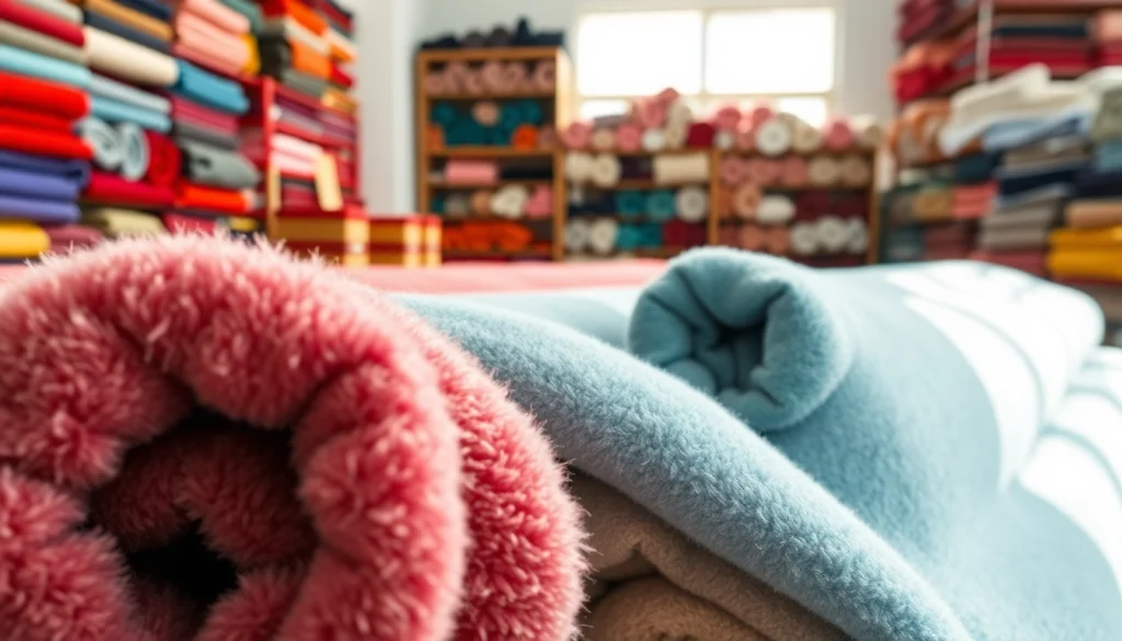 Fleece stof per meter beschikbaar in diverse kleuren en patronen in een textielstudio.