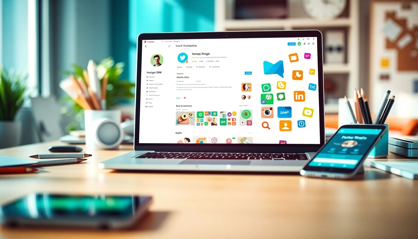 Visual representation of an Instagram smm panel interface on a laptop, surrounded by social media elements.