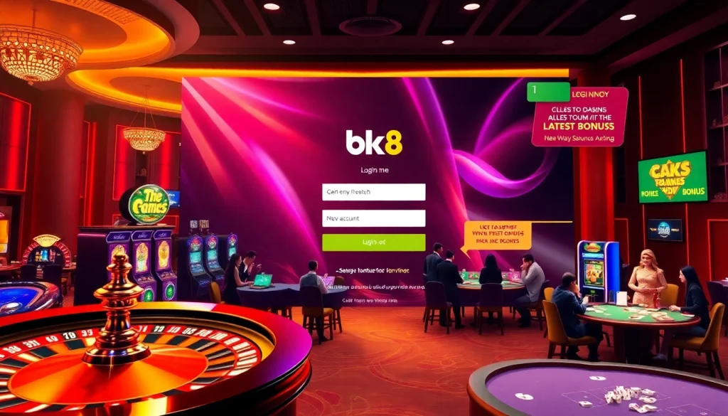 Engaging bk8 login screen with a vibrant online casino atmosphere, featuring live tables and promotions.