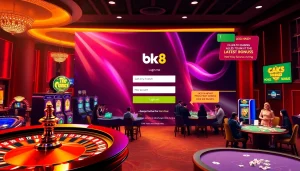 Engaging bk8 login screen with a vibrant online casino atmosphere, featuring live tables and promotions.