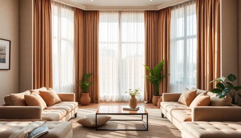 Gordijnstof kopen online in een stijlvolle woonkamer met luxe gordijnen en comfortabele meubels.