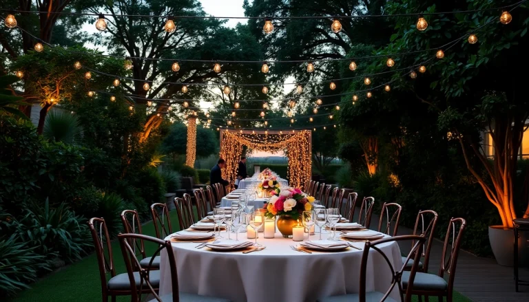 Set up showcasing Table & Chair Rentals in a stylish outdoor venue with elegant decorations.