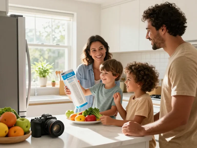 Waterdrop Replacement filter for Frigidaire® & Electrolux® EAFCBF® showcased in a modern kitchen with a family engaging joyfully.