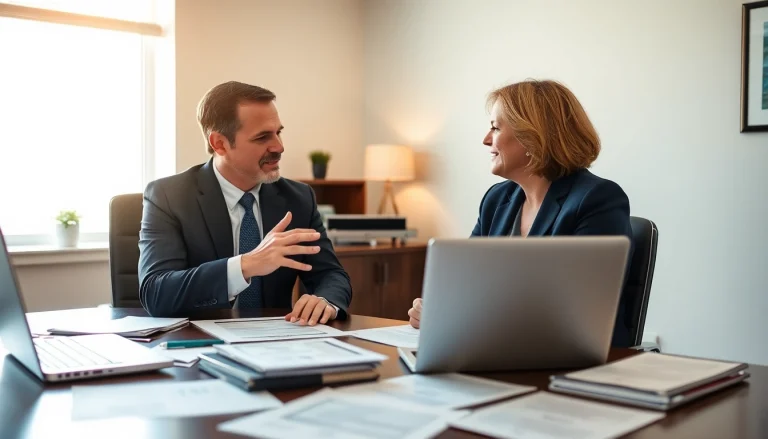 Truck accident attorney Clearwater consulting with a client in a bright, inviting office.