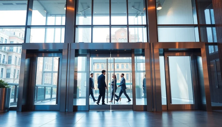 Showcasing Commercial Automatic Doors with sleek design and smooth operation in a modern setting.