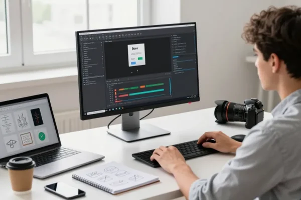 Developer utilizing 截图工具 in a modern workspace with bright, focused atmosphere.