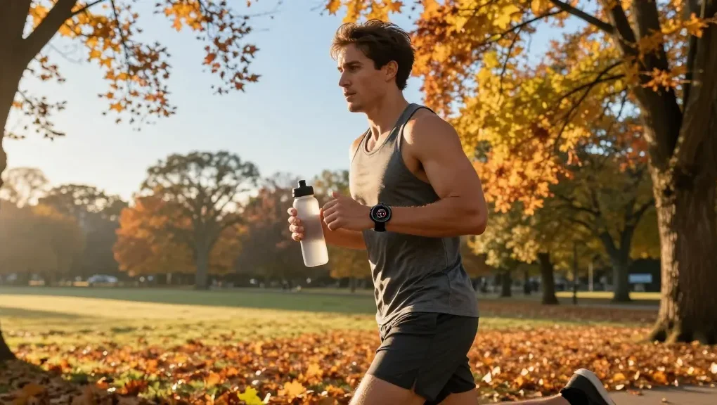 Pengguna smartwatch Fitbit Luxe memantau kesehatan saat jogging di taman, aksesibilitas, dan gaya hidup sehat.