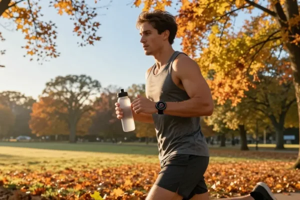 Pengguna smartwatch Fitbit Luxe memantau kesehatan saat jogging di taman, aksesibilitas, dan gaya hidup sehat.