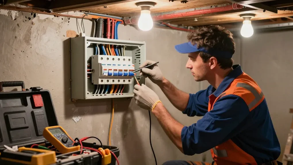 Emergency electrician near me troubleshooting a circuit breaker in a home basement.