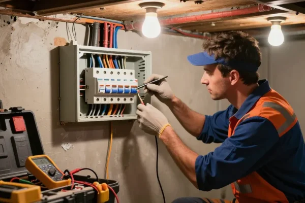 Emergency electrician near me troubleshooting a circuit breaker in a home basement.